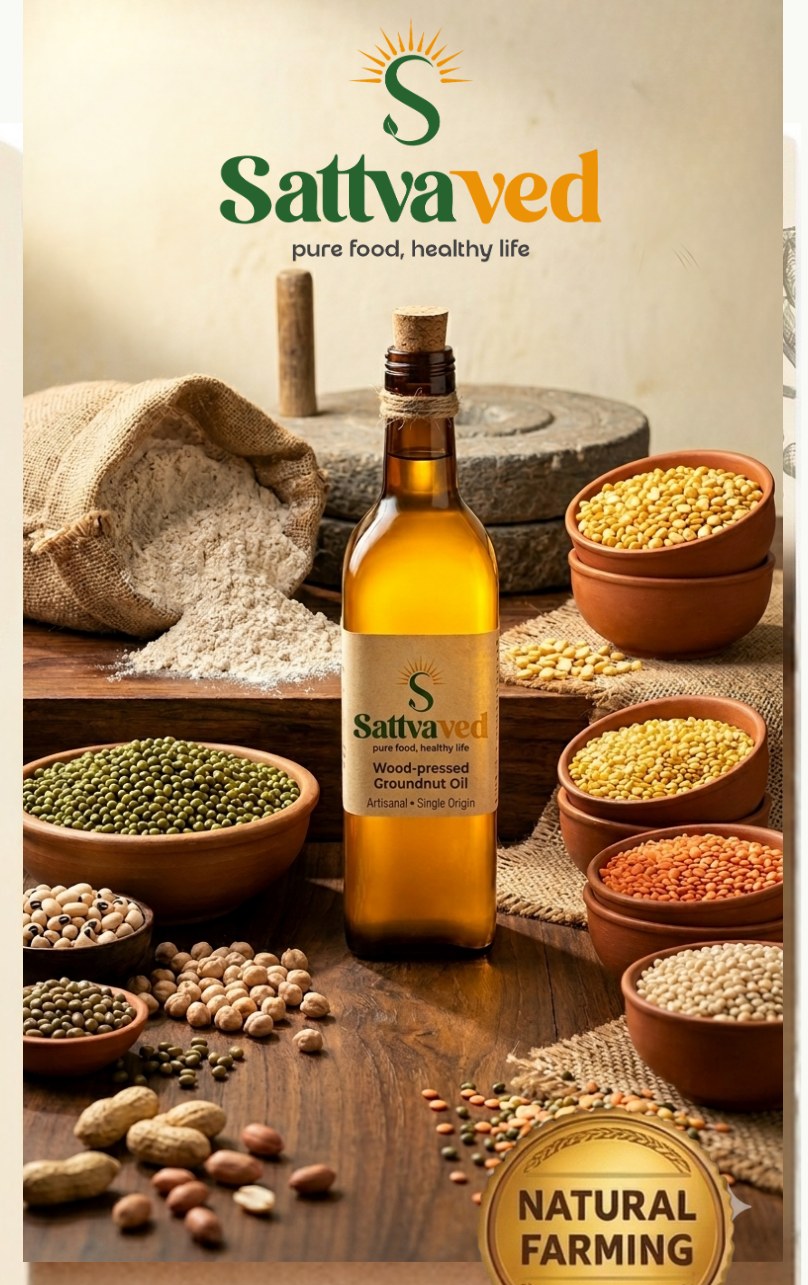 Sattvaved wood-pressed oil, stone-milled flour, dals and pulses
