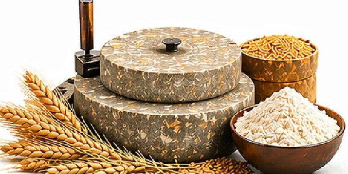Stone chakki with wheat and fresh flour