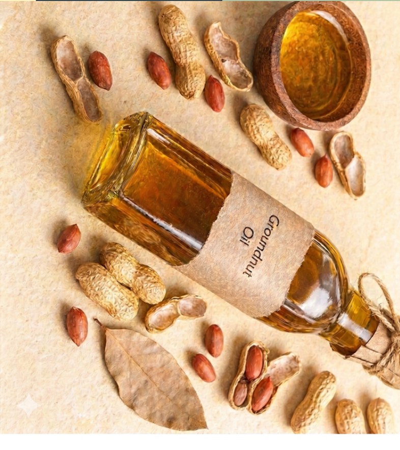 Groundnut oil bottle surrounded by fresh groundnuts