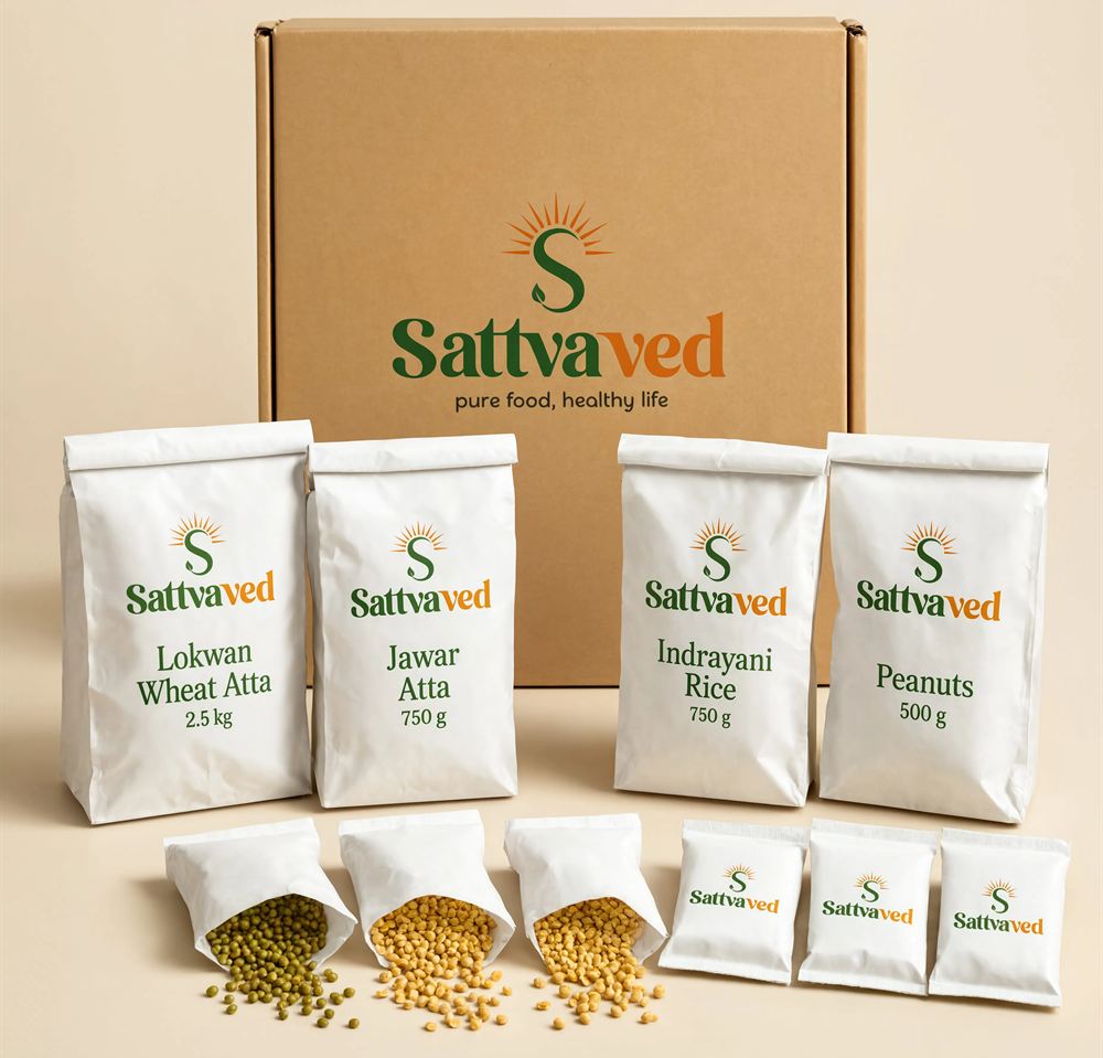 Sattvaved kit packed plastic-free — paper bags and sachets in front of the kraft box