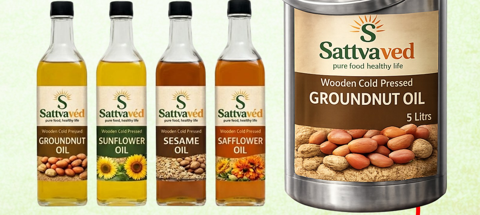 Sattvaved wooden cold pressed oils — groundnut, sunflower, sesame, safflower and 5 litre can
