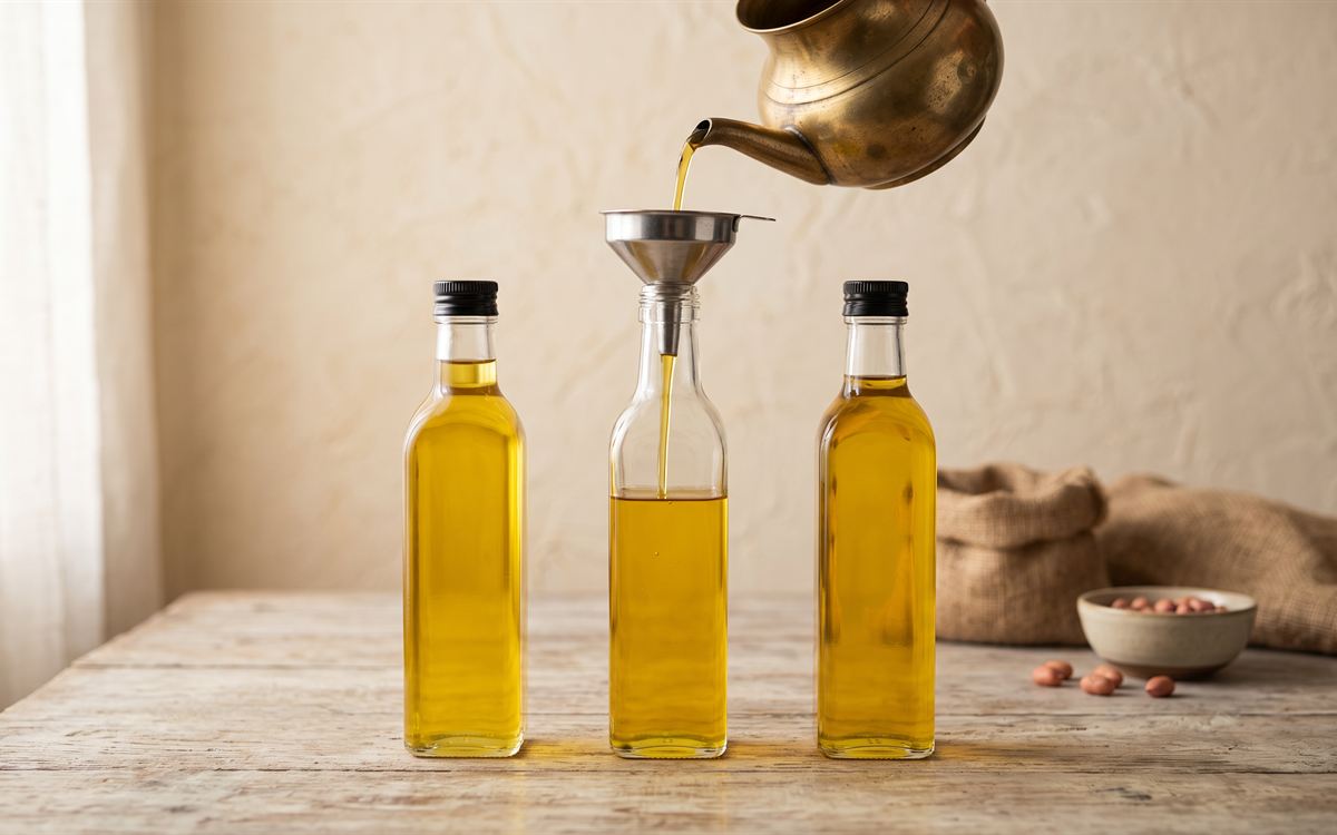 Fresh golden oil filled into glass bottles in small batches through a steel funnel