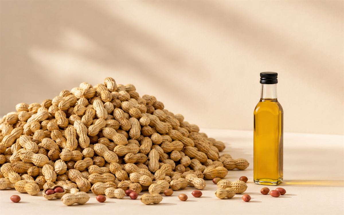 A large heap of groundnuts beside the single small bottle of oil they yield