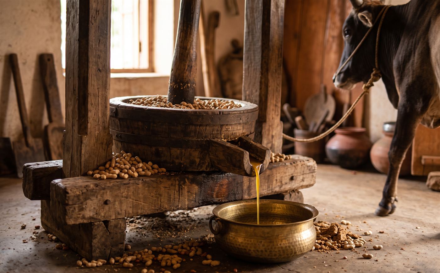 The slow wooden ghani press at work — oil flowing into a brass pot