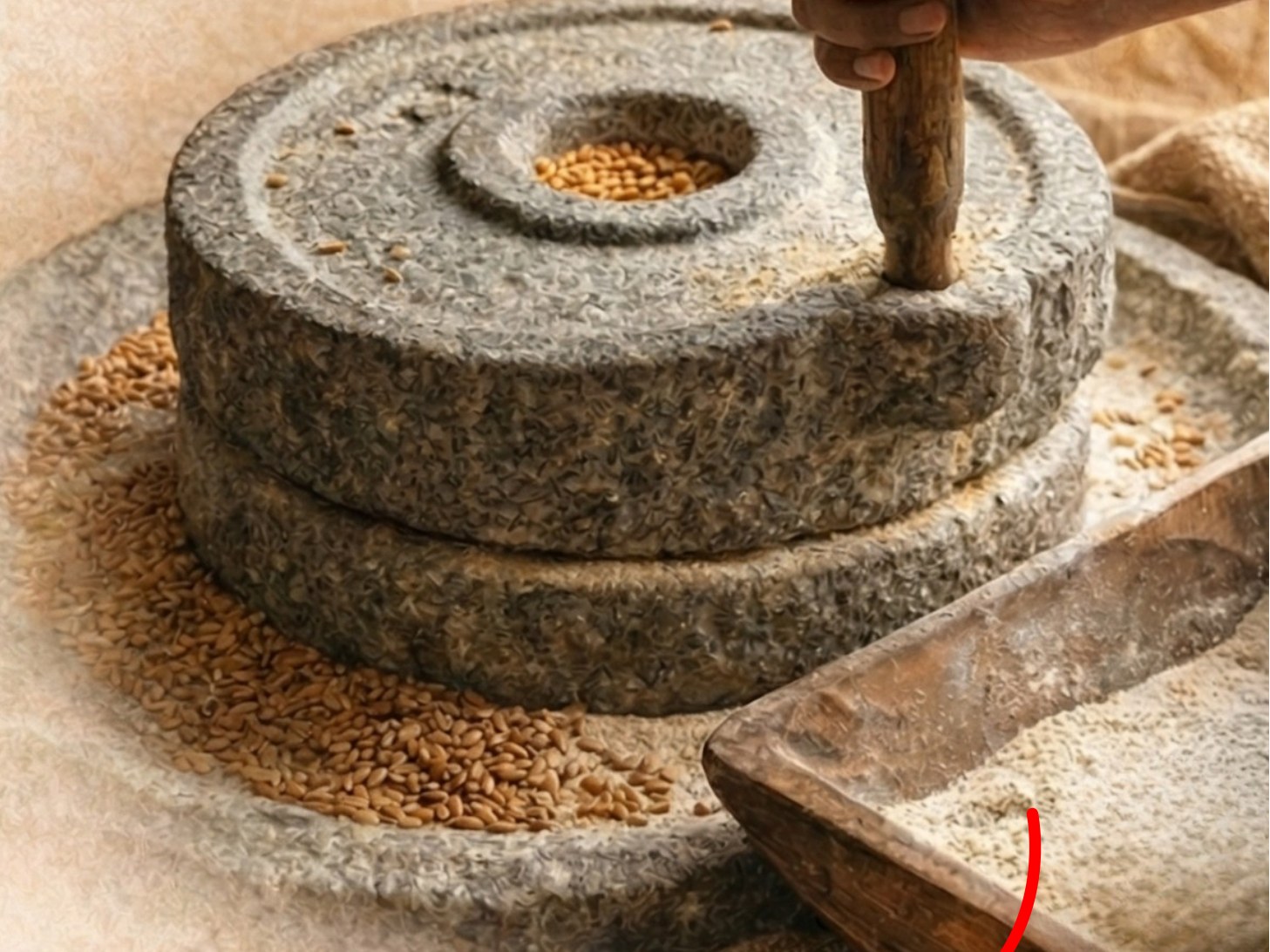Hands turning a traditional stone chakki over fresh grains