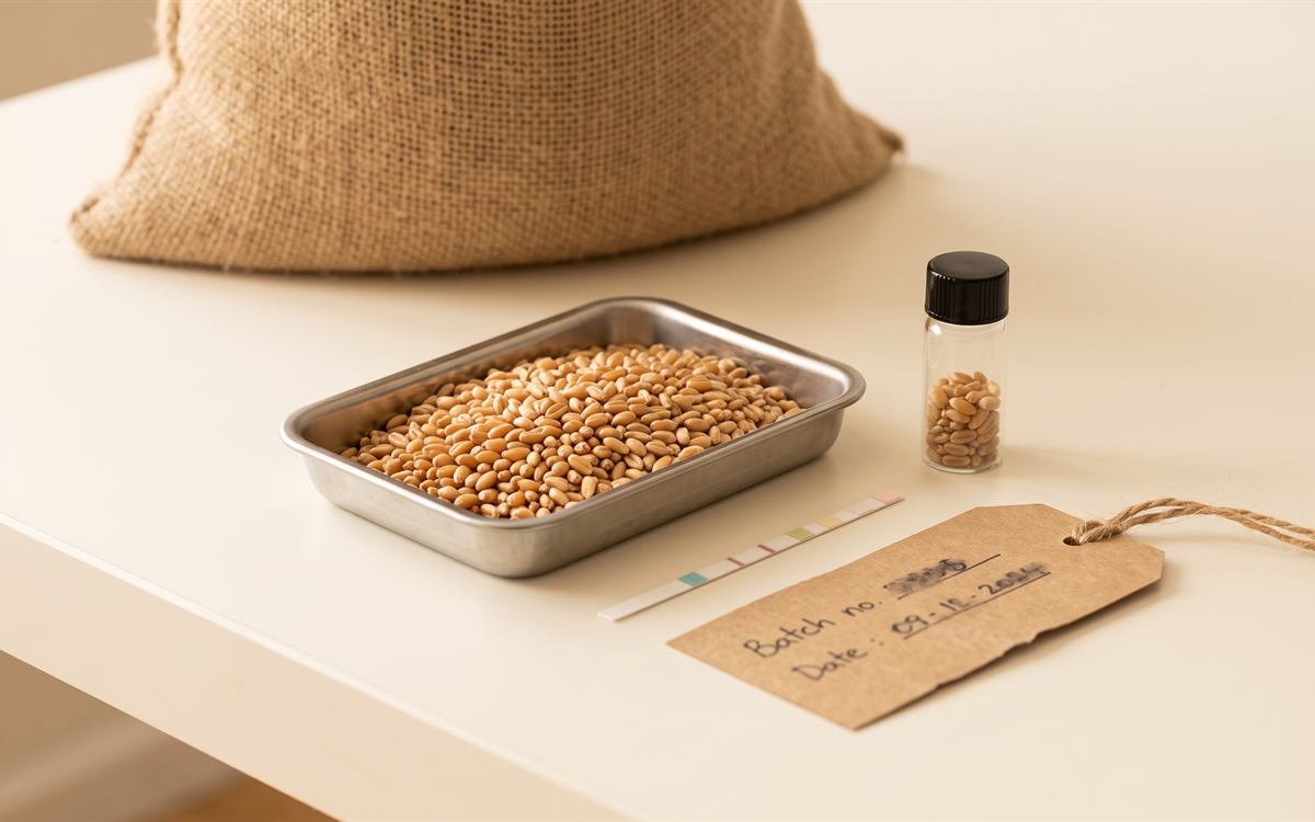 Batch-wise purity testing — grain sample, test strip and batch tag
