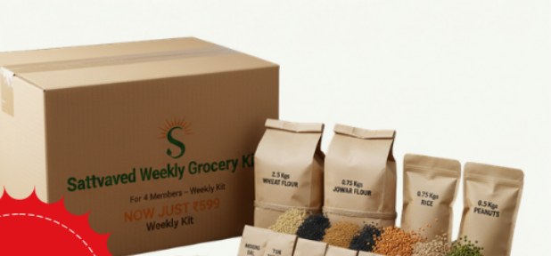 Sattvaved weekly grocery kit box with paper-packed flour, dals and staples